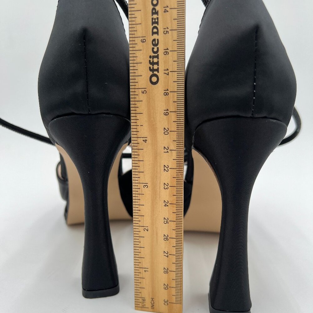 XYD Black Pointed Toe Platforms Crystal Ankle Wrap Strappy Block Heel Satin Shoe - Picture 5 of 7